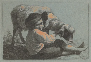 Niño campesino sentado sosteniendo una oveja