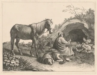 Pastor Sentado con Caballo, Perro, Cabras y Ovejas
