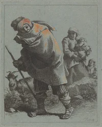 Pastor con bastón y campesina con niño