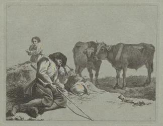 Pastor durmiendo, dos terneros y una campesina