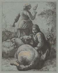 Mujer hilandera y un pastor con rebaño, 1758-1759