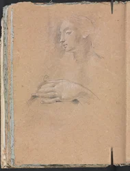 Cuaderno de bocetos de Verona: Cabeza femenina y mano izquierda (página 42)