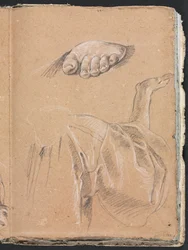 Cuaderno de Bocetos de Verona: Estudio de un pie izquierdo y estudio de drapeado con brazo derecho (página 79)