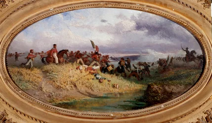 Risorgimento: «El patriota italiano Giuseppe Garibaldi cruza el río Volturno». Escena de la batalla del Volturno durante la expedición de los Mil (o Camisas Rojas) en octubre de 1860. (1830-1905). Nápoles, Museo Nazionale