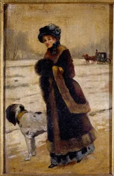 Joven mujer con un perro. Joven burguesa con piel y manga. Pintura de Francisco Miralles Galup (1848-1901) siglo XIX Colección privada