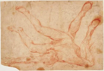 Un desnudo masculino reclinado sobre su espalda con las piernas levantadas, y un estudio de un par de piernas levantadas vistas desde atrás