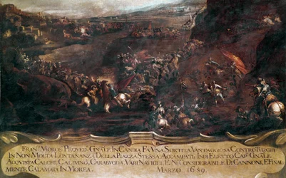 Guerra de Candia (Creta): batalla entre la flota veneciana de Francesco Morosini (1619-1694) y la flota turca en 1659. Pintura de Francesco Monti dit il Brescianino delle