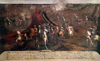 Guerra de Candia (Creta): "batalla entre la flota veneciana de Francesco Morosini (1619-1694) y la flota turca huyendo en 1650" (Guerra de Creta (1645-69): la batalla entre la flota veneciana y turca en 1650) Pintura de Francesco Monti dit il Bresciani