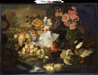 Bodegón con flores y un pato. Bodegón con frutas y patos. Pintura de Francesco Morosini (mediados del siglo XVIII). Óleo sobre tela. Arte italiano, estilo barroco. Museo de Arte Mikhail Kroshitsky, Sebastopol (Sebastopol) Ucrania