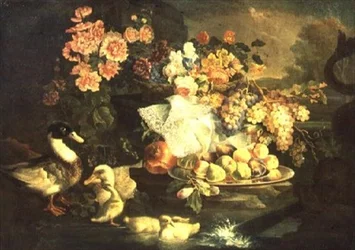Bodegón de frutas y flores con un pato, un drake y patitos