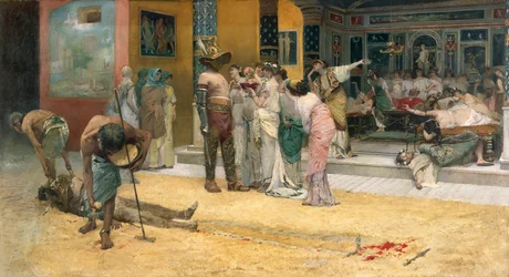 Combate de gladiadores durante una cena en Pompeya