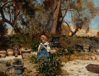 Una niña en el jardín, de Francesco Paolo Michetti (1851-1929), óleo sobre tabla, 27x36 cm