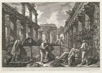 Impresión de título con restos del Templo de Neptuno en Paestum con título en bloques Diferentes vistas de los restos de tres grandes edificios que siguen en pie en Paestum (título de la serie) Différentes vues de quelques restes de trois grands édifices q