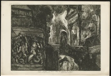 Titelprent met tempel en bouwfragmenten
Pompeia Volumen Uno (título en el objeto)
Gran frontispicio del primer volumen de las Antigüedades de Pompeya / Templo quemado por segunda vez / Guerra de los gigantes contra Júpiter (título en el objeto)