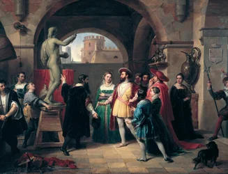 El rey de Francia Francisco I (1494-1547) visita el taller de Benvenuto Cellini (1500-1571) en Roma. El pintor presenta al rey una escultura de san Juan Evangelista. Pintura anónima. Roma, Galleria Nazionale d