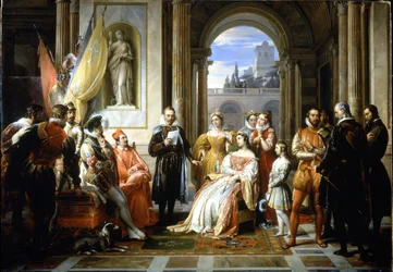 Torquato Tasso (Le Muche) leyendo su Jerusalén liberada (La gerusalemme liberata) en la corte de Ferrara. Pintura de Francesco Podesti (1800-1895)