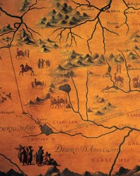(detalle) de la ruta de Marco Polo a través de los desiertos orientales, mapa de Tartaria