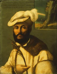 Retrato de un caballero barbudo, medio cuerpo, con una chaqueta blanca con ribete de piel y un sombrero con plumas, sosteniendo una hoja de palma, un paisaje visto a través de una ventana