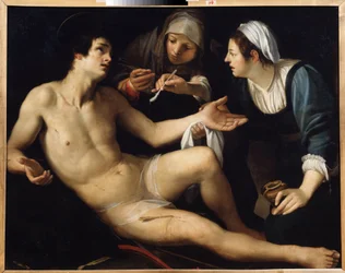San Sebastián (San Sebastián). Es cuidado de sus heridas por una joven viuda, Santa Irene. Pintura de Francesco Rustici (hacia 1575-1626). Óleo sobre lienzo, 119 x 148 cm. Arte de Siena, Manierismo Italiano. Museo Estatal de Arte, Ekaterimburgo.