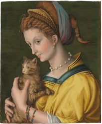 Retrato de una joven sosteniendo un gato