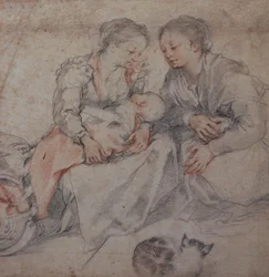 Dos mujeres y un bebé con un gato