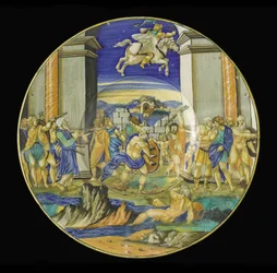 Plato con escena de Orlando Furioso de Ariosto