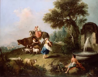 Paisaje con una fuente, figuras y animales