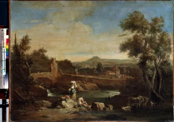 Paisaje con un río. Pintura de Francesco Zuccarelli (1702-1788). Óleo sobre lienzo, 81,5 x 119 cm. Arte veneciano del siglo XVIII. Museo del Hermitage, San Petersburgo.