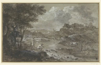 Paisaje fluvial con pescadores