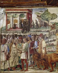 Alegoría del mes de julio, detalle del triunfo de Júpiter, una escena de boda (detalle) - fresco de Francesco del Cossa, Ferrara, Palazzo Schifanoia, Salone dei Mesi