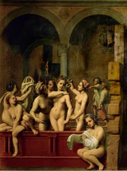 La carta de Urías, Betsabé y sus sirvientas bañándose (pintura sobre madera de álamo)
