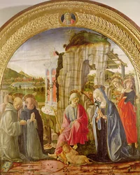 Adoración del Niño de San Ambrosio y San Bernardo (óleo sobre tabla)