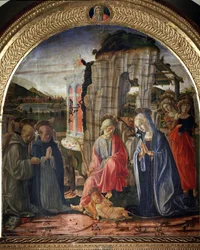 Nacimiento con San Bernardo y Santo Tomás de Aquino - Pintura