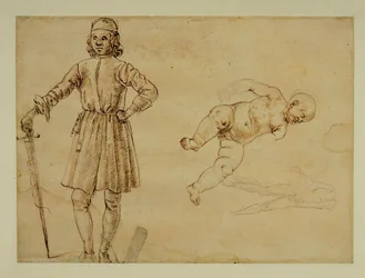 Un niño sentado;hombre de pie sosteniendo una espada ...