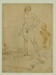Un joven desnudo, de pie; el niño Jesús; retrato femenino vuelto hacia la derecha ...