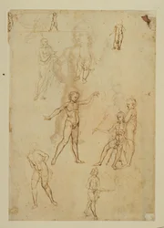 Estudios de figuras. Pluma y tinta marrón, plumín metálico Papel de color rosa ...
