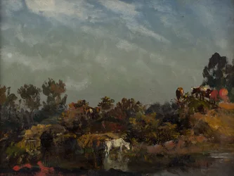 Paisaje con vacas junto a un río