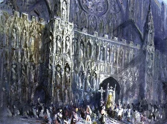 La fachada oeste de la Catedral de Exeter, con una procesión religiosa en primer plano