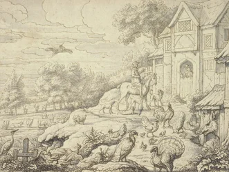 Patio de granja, con figuras y fondo de paisaje