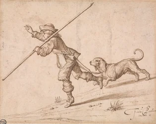 Hombre cazando con un bastón puntiagudo y un sabueso