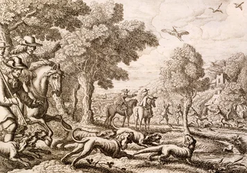 Caza de nutrias junto a un río, grabado por Wenceslaus Hollar, 1671