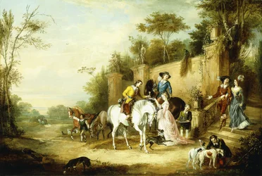 Una fiesta de caza saliendo de los escalones de una casa de campo, 1828