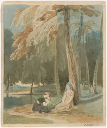 Tres mujeres sentadas junto a un lago boscoso