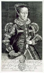 Retrato de María I sosteniendo la súplica de Thomas Hongar, grabado por el artista, publicado por Compton Holland