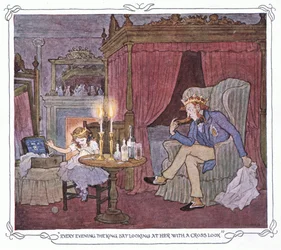Todas las noches el rey se sentaba a mirarla con cara de asco, de The Magic Fishbone pub.by Warne  Co, c.1940 (litografía en color).
