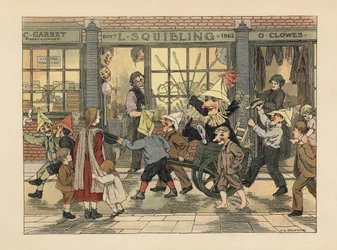 Tienda de fuegos artificiales - Niños victorianos tirando de un Guy en un carro en la noche de Guy Fawkes delante de la tienda de fuegos artificiales de L. Squibling. Cromolitografía según una ilustración de Francis Donkin Bedford de The Book of Shops de E