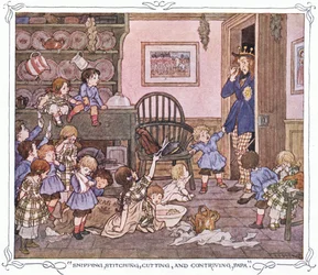 "Snipping, stitching, cutting and contriving, Papa", de The Magic Fishbone pub.by Warne  Co, c.1940 (litografía en color).