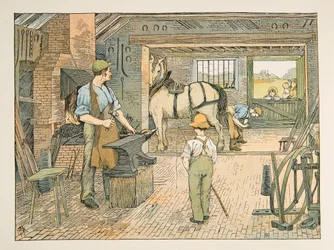 El herrero, de Four and Twenty Toilers, pub. 1900 (litografía en color)