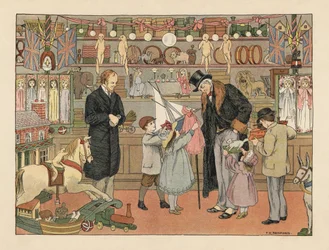 Niños victorianos eligiendo juguetes con su tío en una juguetería. Cromolitografía según una ilustración de Francis Donkin Bedford de The Book of Shops de Edward Verrall Lucas.