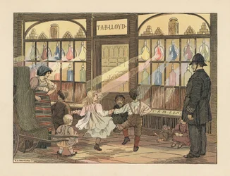 Niños victorianos bailando delante de una farmacia mientras un policía los observa. Cromolitografía a partir de una ilustración de Francis Donkin Bedford de The Book of Shops de Edward Verrall Lucas.